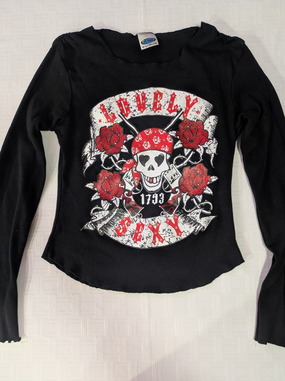 Vintage Y2K M-Fasis Skull  Roses Graphic Long Sleeve Top Black Ribbed Rhinestone